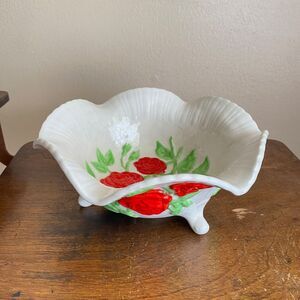 Vintage Ceramic White Bowl Red Rose with Feet Hexagon Shape Shabby Chic Rustic